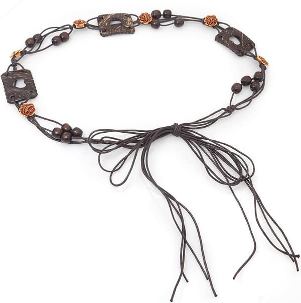 Boho-flätat midjebälte för kvinnor, handvävt rep med tofsar och träpärlor