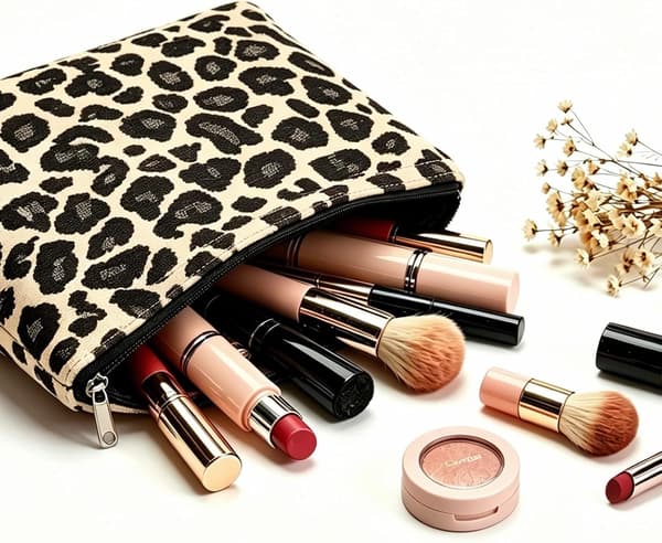 Leopardmønstret makeuptaske til kvinder, kosmetikpung i chenille med lynlås