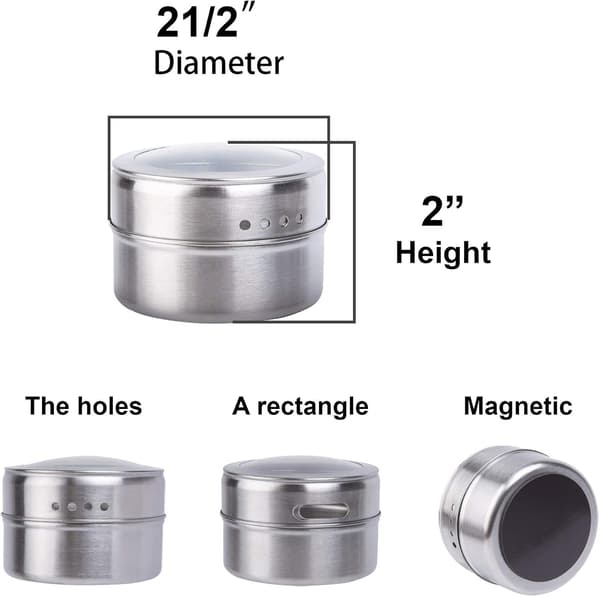 6-pack 3oz magnetiska kryddburkar med genomskinliga lock och dubbla strööppningar