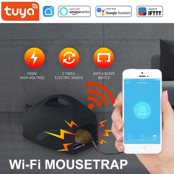 Tuya WiFi-musfälla med högspänning och app-notiser, batteridriven för hemmabruk