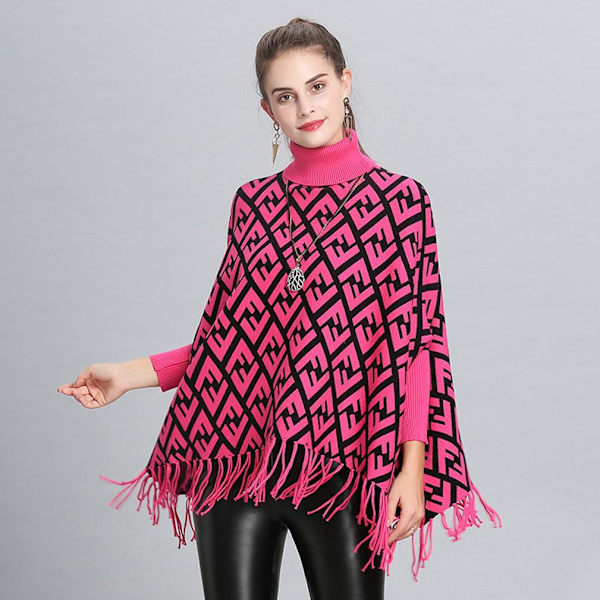 Lös Turtleneck Pullover Wrap Sjal Batwing Blus med Tofs Stickning Cape for Lady
