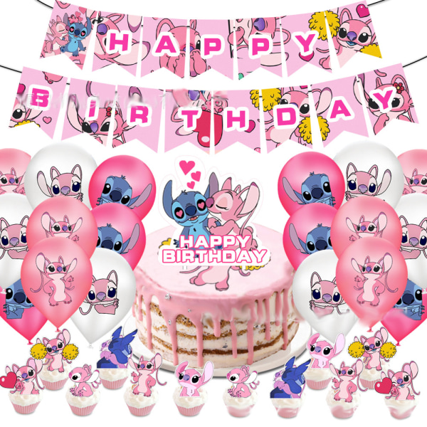 Pink Stitch Födelsedagsballonger med Banner Cake Topper Latex Ballong Set Party Dekoration