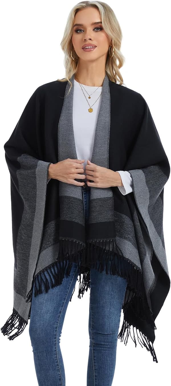 Poncho-cape med öppen front för dam, oversized sjal, randig kofta med fransar