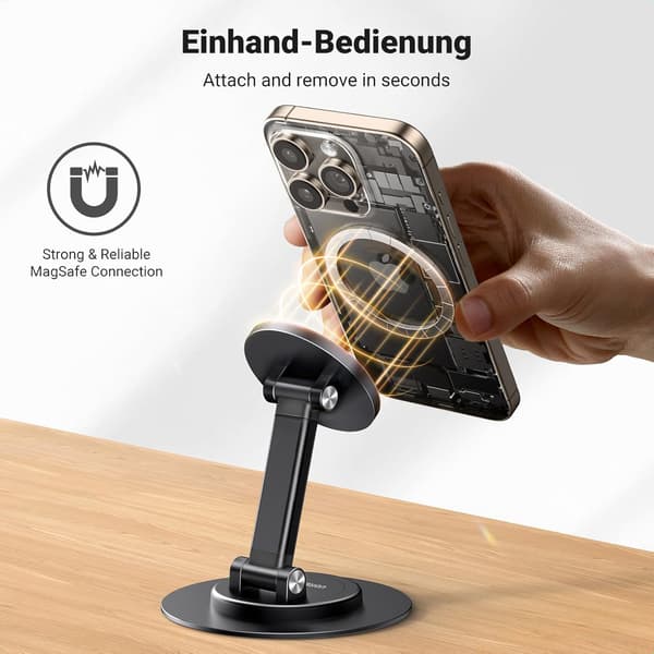 Magnetiskt telefonstativ, 360° roterbart justerbart hopfällbart bordsstativ svart