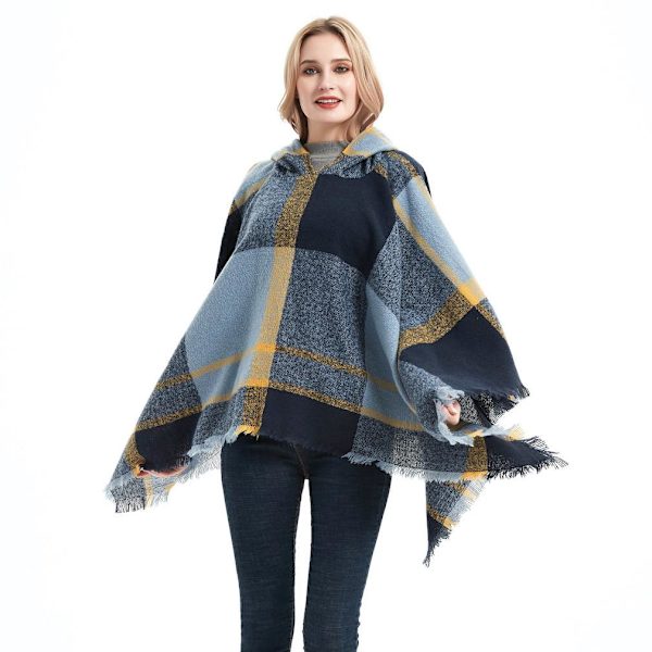 Spring Autumn Rutig Pullover Hoodie Cape med tofs lös Poncho för Lady