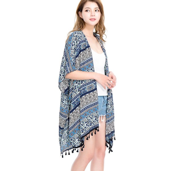 Spring Summer Poncho Kaftan Sjal med Tofs Öppen Front Cardigant för Dam