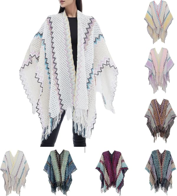 Boho stickad ponchocape för kvinnor med asymmetriska fransar för vintern