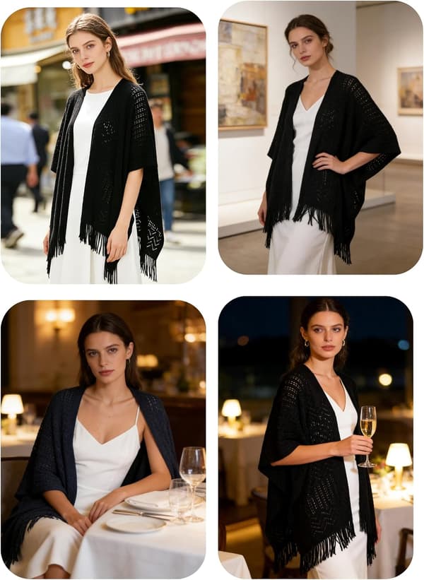 Stickad poncho-cape för dam med öppen front, virkade fransar och tofsar