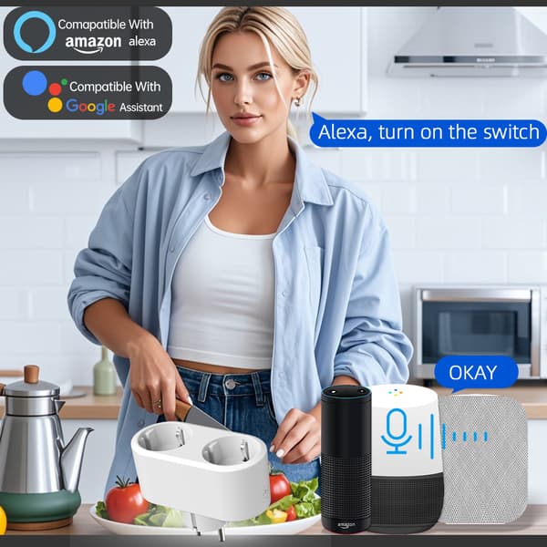 Tuya WiFi Dual EU Smart Plug 16A Energimåler Alexa Stemmestyring