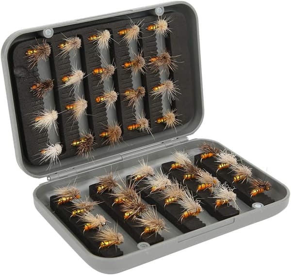 40-pack flugfiskeset, krokar i högkolstål med förvaringslåda i ABS