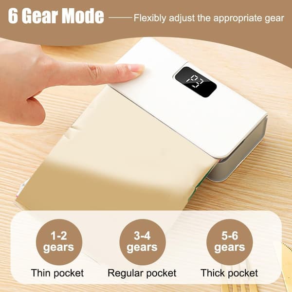 Mini poseforsegler med digitalt display, 6 moduser, magnet og skjult kutter