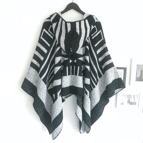 Geometrisk Hoodie Cape Loose Sjalar Öppen Front Poncho med Botton för Dam