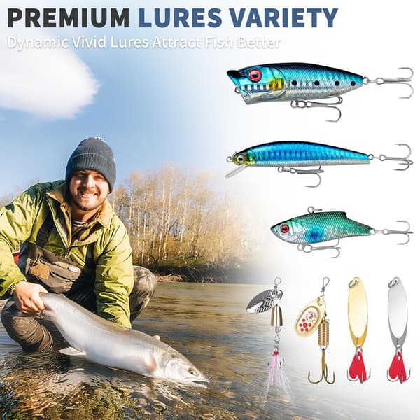 Fiskegrejssæt med crankbaits, kroge, jigs, lodder, tænger og grejkasse