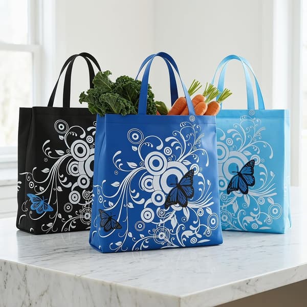 3-pack hopfällbara shoppingväskor, återanvändbara tygkassar i polyester med fjärils- och blommönster