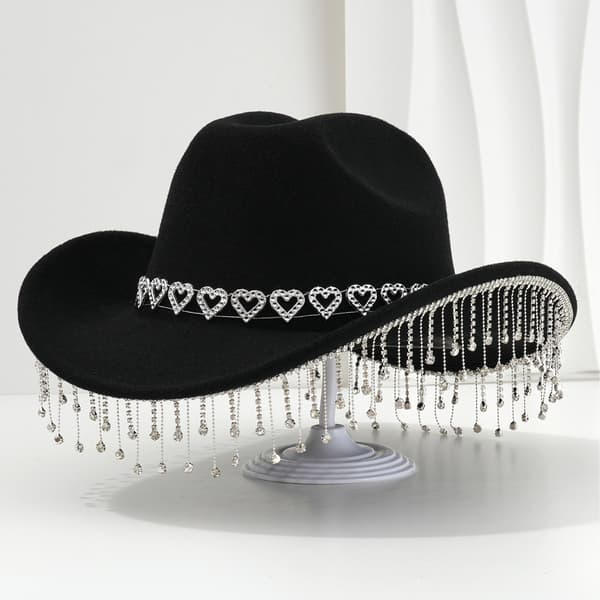 Sort Rhinestone Fringe Cowboyhat med Hjertebånd til Kvinder