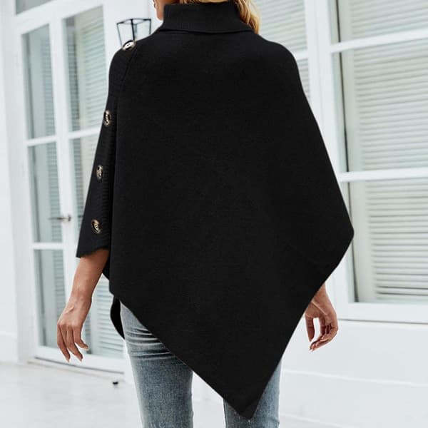 Stickad poncho-cape med hög krage och knappdetaljer för dam, vinter-sjal