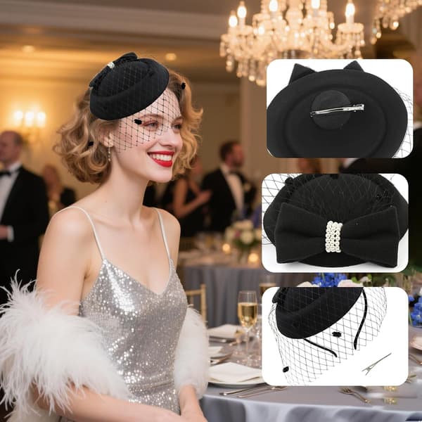Dames Pillbox Fascinator-hat med slør-hårbøjle til bryllup og teselskab