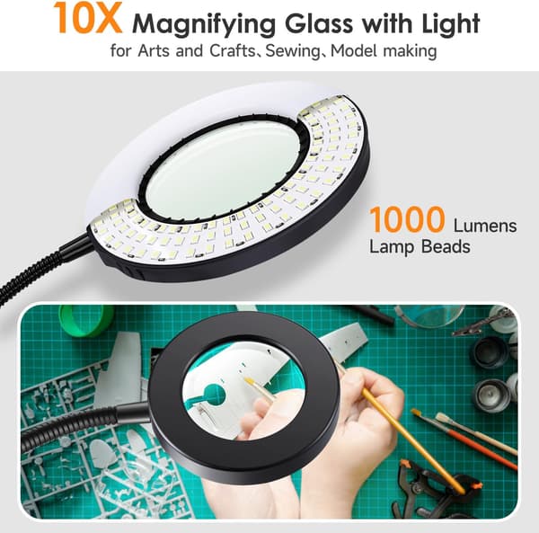 10X suurennuslasi valolla, 48 LED-kiinnityslamppu, 3 väritilaa, 9W