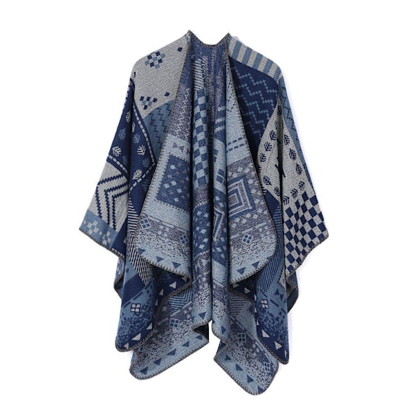 Varm sjal halsduk Öppen front poncho vinterkofta med geometriskt mönster för dam