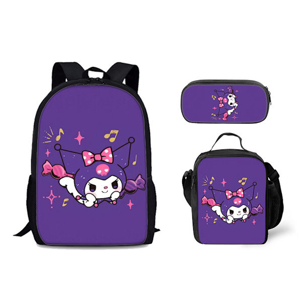 3st/ set Kuromi printed set med case Pennfodral Skolväska Travel Daypack Lätta bokväskor