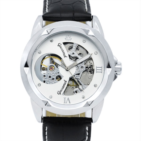 Automatisk mekanisk watch för män Skeleton Watch White Dial Läderrem