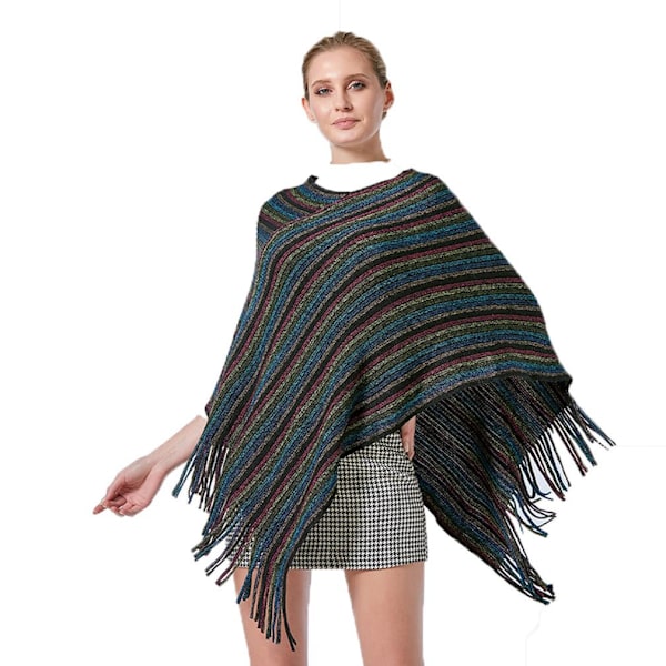 Varm Lös Sjal Pullover Stickning Poncho med Tofs för Dam