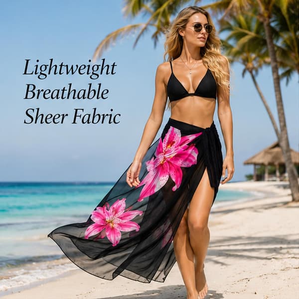 Blommig sarongkjol i mesh för dam, strand-bikinitäckning med rosa liljemönster