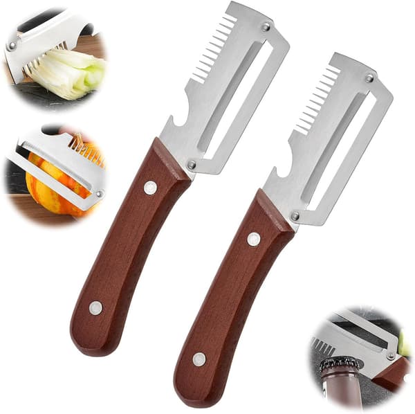 2-pack multifunktionell grönsaksskalare med trähandtag och blad i rostfritt stål