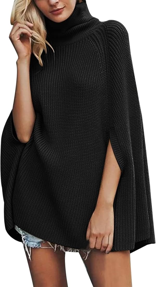 Stickad polotröja-poncho för kvinnor, oversized tröja för höst och vinter