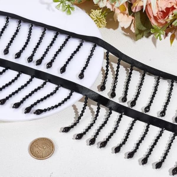 2 yards svart pärlfrans 6,1 cm bred för bröllopssömnad och pyssel
