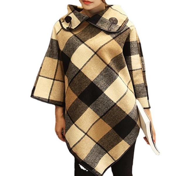 Rutig varm poncho med bottenkappa i ylletyg för kvinnor
