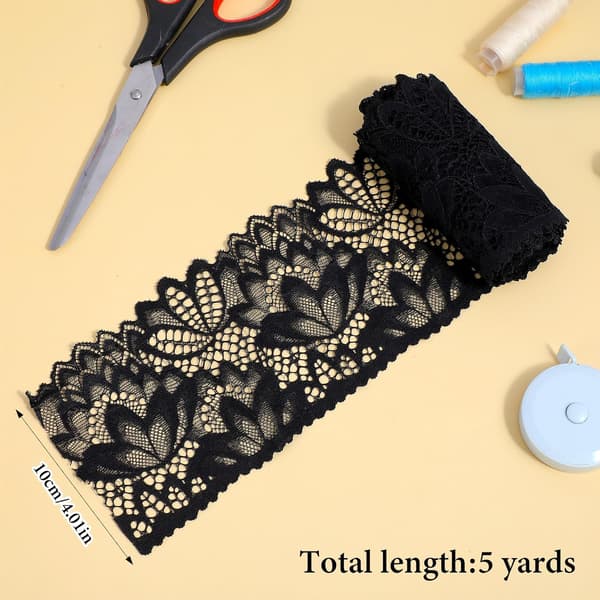 5 yards svart blomstrete blondekant 10 cm bred elastisk bånd for søm og DIY