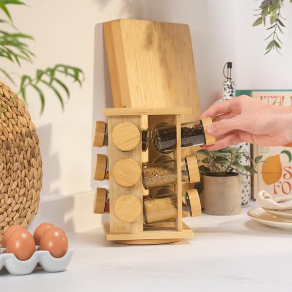 Kryddhylla i bambu med 12 glasburkar och 360° roterande bas