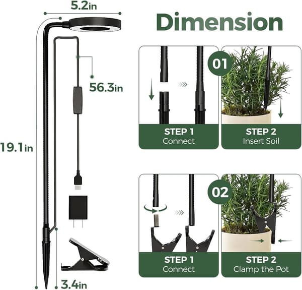 Full Spectrum LED-vækstlys med timer, 5 lysstyrkeniveauer og klemme