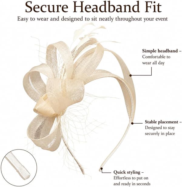 Fascinator-hatt med blomst, fjær og slør på hodebånd til bryllup og teselskaper