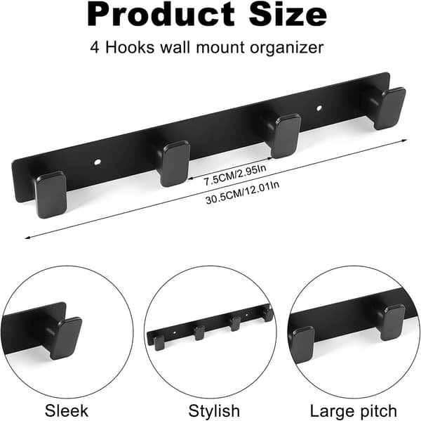 2-pack väggmonterade klädkrokar svart metallställ med 4 krokar för rockar, handdukar, väskor, hattar
