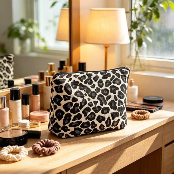 Leopardmønstret makeuptaske til kvinder, kosmetikpung i chenille med lynlås