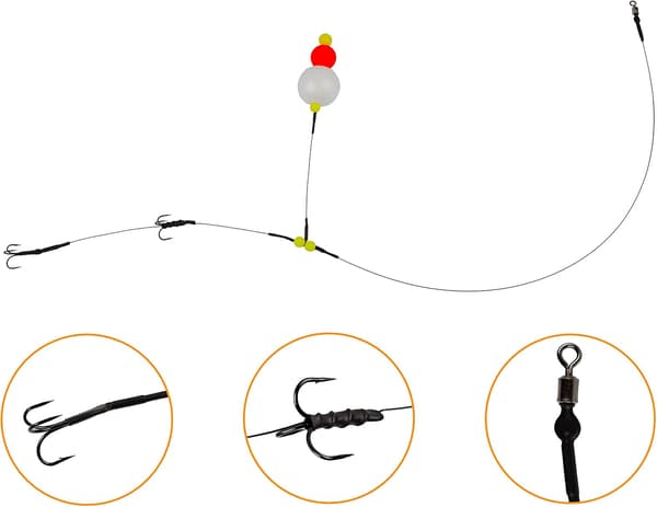 3 stk. gedde pop-up rigs med 40lb wire-forfang og trekroge til død agn