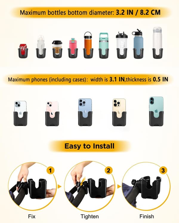 Universell koppholder for barnevogn med telefonholder, 360° roterbart koppfeste