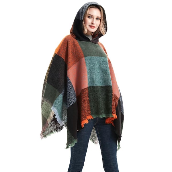 Spring Autumn Rutig Pullover Hoodie Cape med tofs lös Poncho för Lady