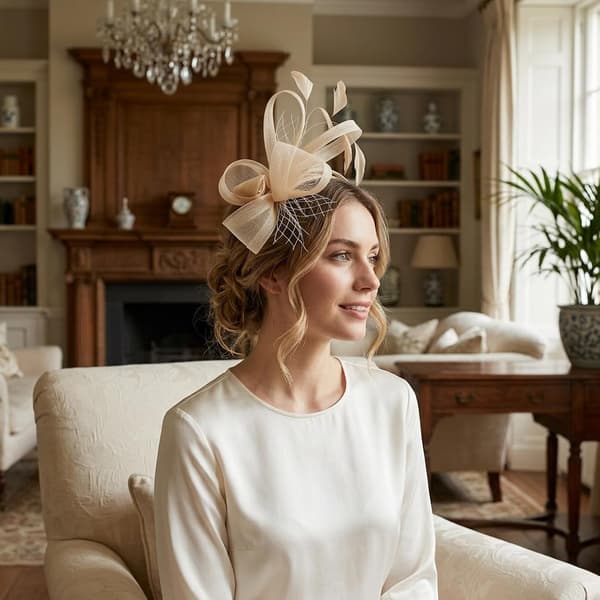 Sølvfascinator-hatt for kvinner, hodeplagg med fjær og bånd til bryllup