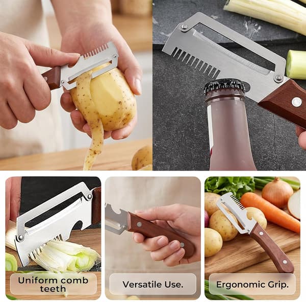2 stk. multifunksjonell grønnsaksskreller med blad i rustfritt stål og trehåndtak