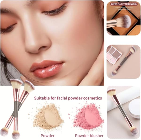 Dobbeltsidig sminkekost for foundation, pudder, concealer, rouge og bronzer