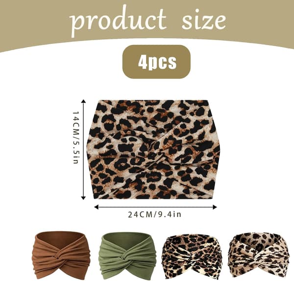 4-pak brede knudebånd til kvinder, elastiske boho leopard-hårbånd