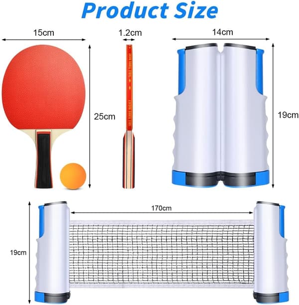 Bärbart bordtennisset med nät | 2 racketar | 3 bollar | Utdragbart kit
