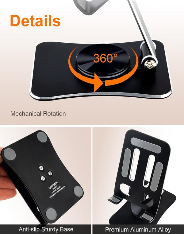 360° roterbart foldbart telefonstativ, justerbar bordholder til tablet i aluminium