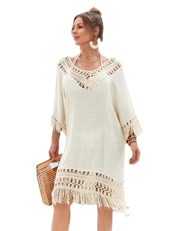 Boho fransvirkad kofta, lång strandöverdrag för badkläder, sommar handstickad patchwork resortklänning för kvinnor