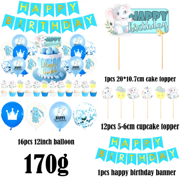Blue Elephant Grattis på födelsedagen Ballong Set Latex Ballonger Party Dekoration Kit