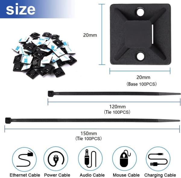 200 stk. nylon kabelbindere 120 mm 150 mm med 100 selvklæbende monteringsbaser sort
