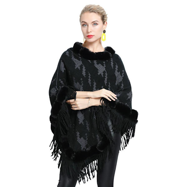 Lös Jacquard Pullover Wrap sjal med fuskpäls trimning Löst filt med tofs för dam